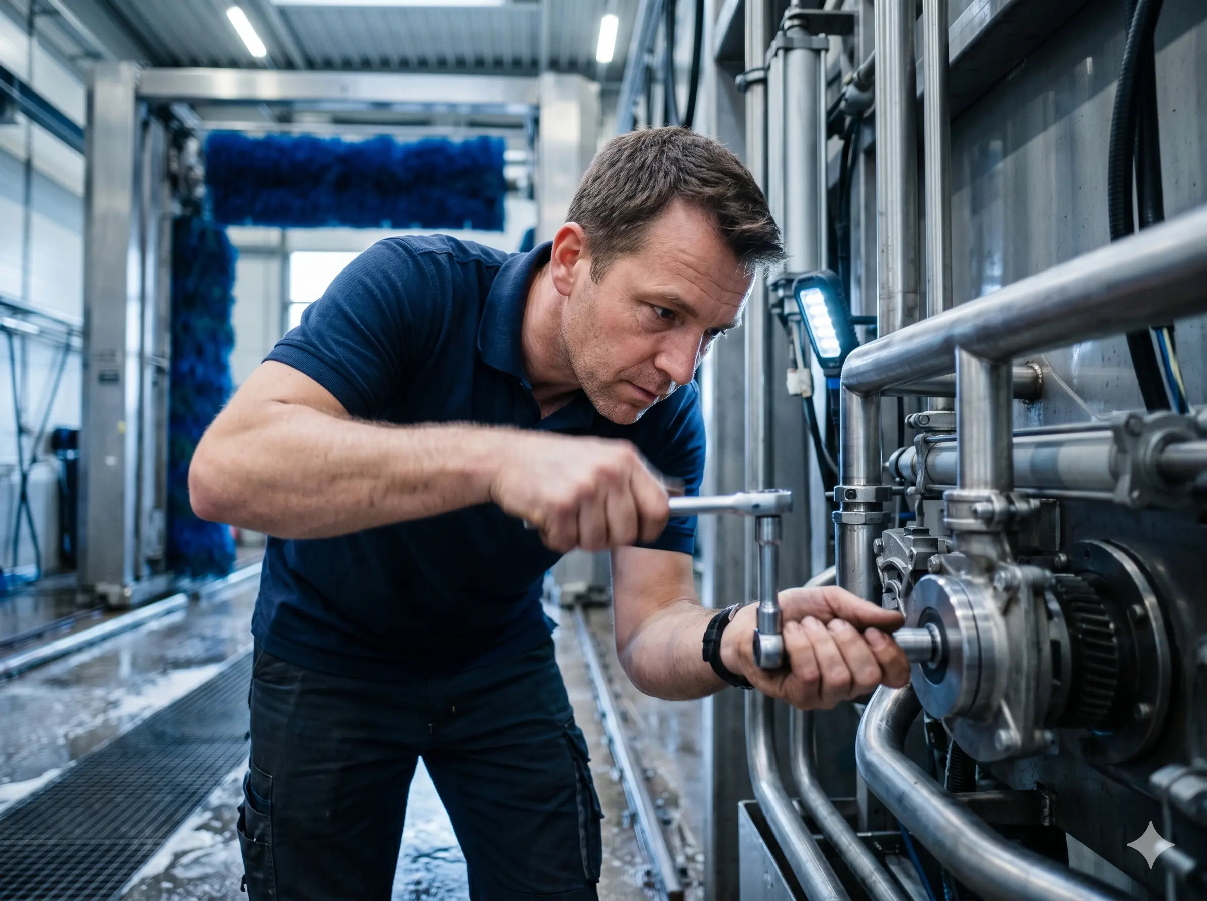 Wash Solutions engineer carrying out repairs on a truck wash system